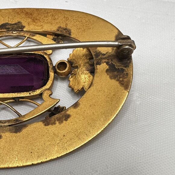 Art Nouveau Sash Pin Brooch Autumn Leaf design Amethyst Glass George L Paine Co - Picture 10 of 16